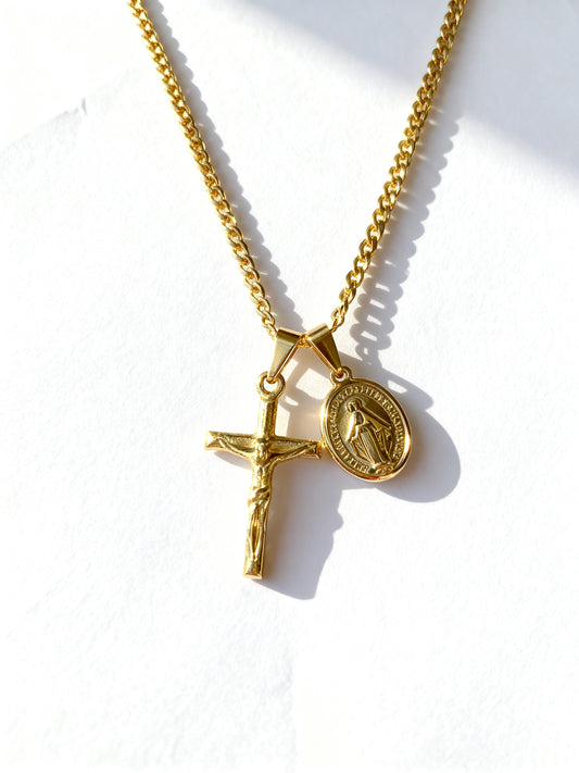 Colar Cruz Jesus & Maria - Dourado