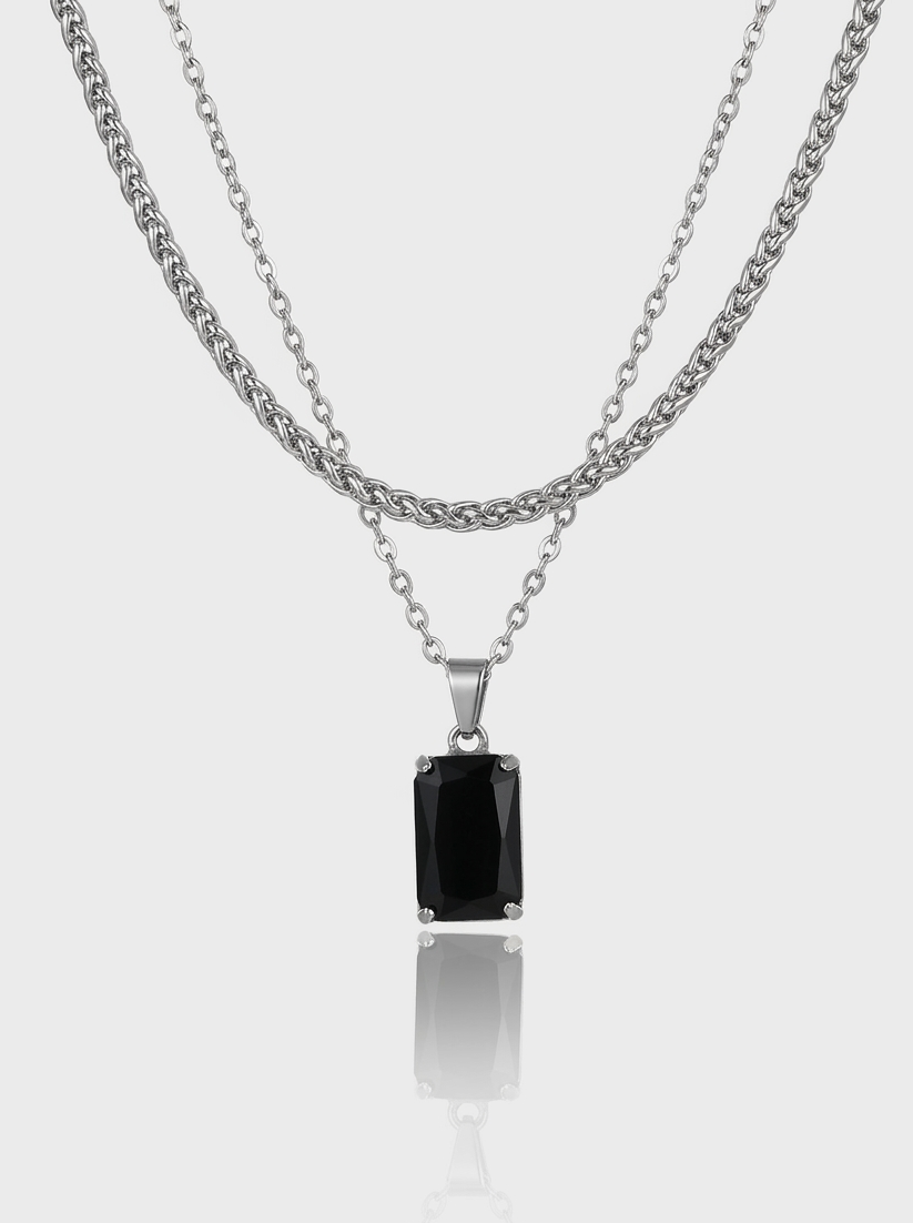 Onyx Stone Necklace - Silver