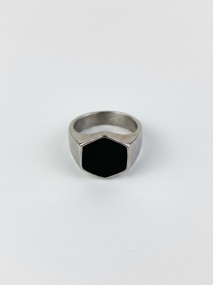 Onyx Hexagonal Ring - Silver