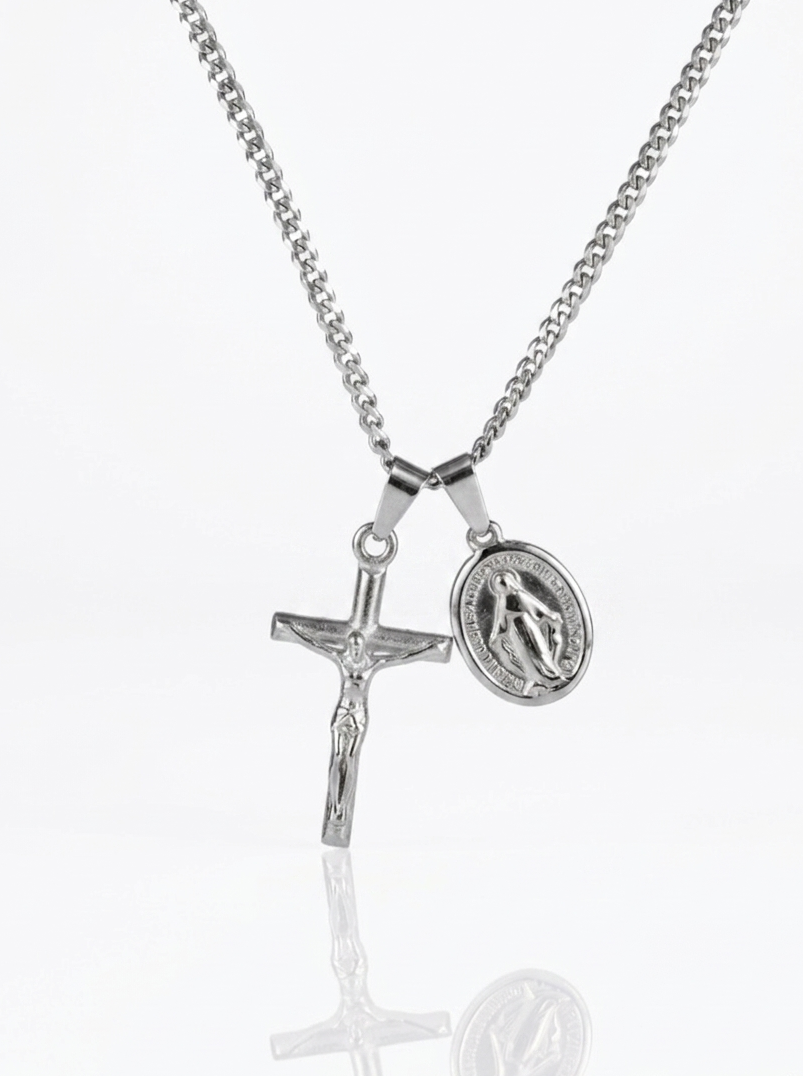 Jesus & Mary Cross Necklace - Silver