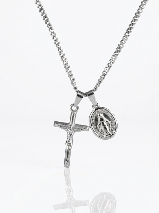 Jesus & Mary Cross Necklace - Silver