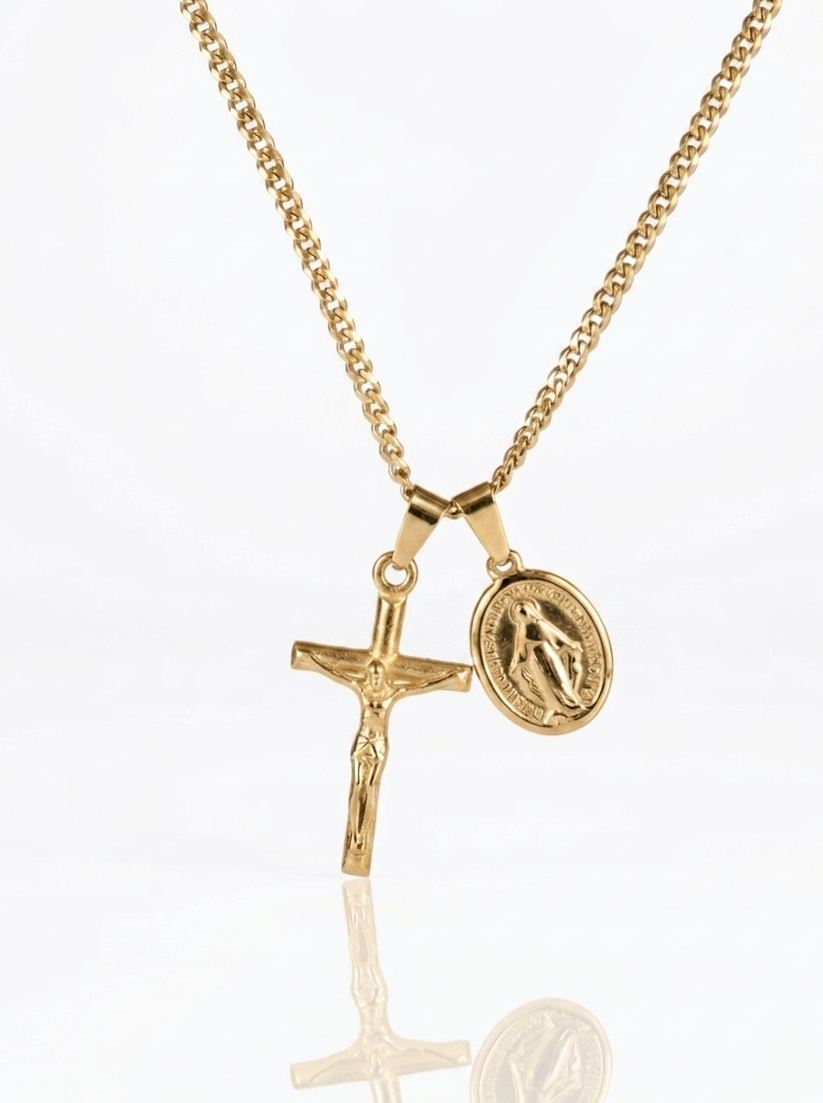 Jesus & Mary Cross Necklace - Gold