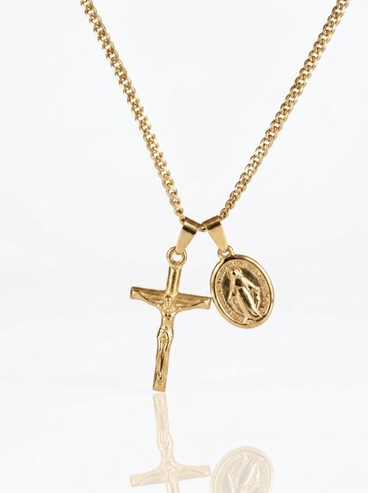 Jesus & Mary Cross Necklace - Gold