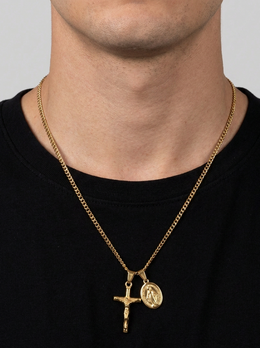 Jesus & Mary Cross Necklace - Gold