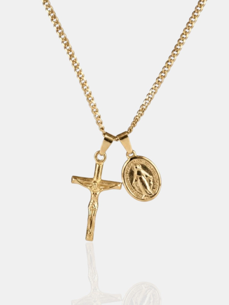Jesus & Mary Cross Necklace - Gold