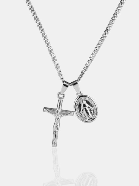 Jesus & Mary Cross Necklace - Silver