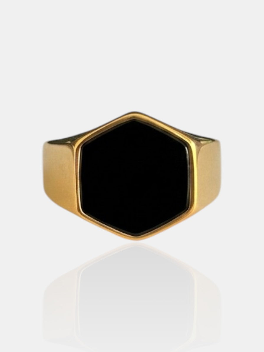 Onyx Hexagonal Ring - Gold
