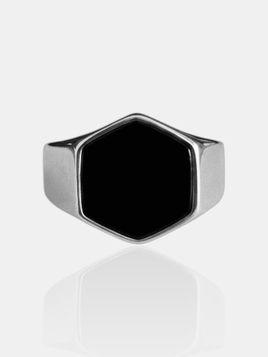 Onyx Hexagonal Ring - Silver
