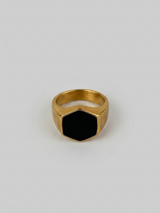 Onyx Hexagonal Ring - Gold