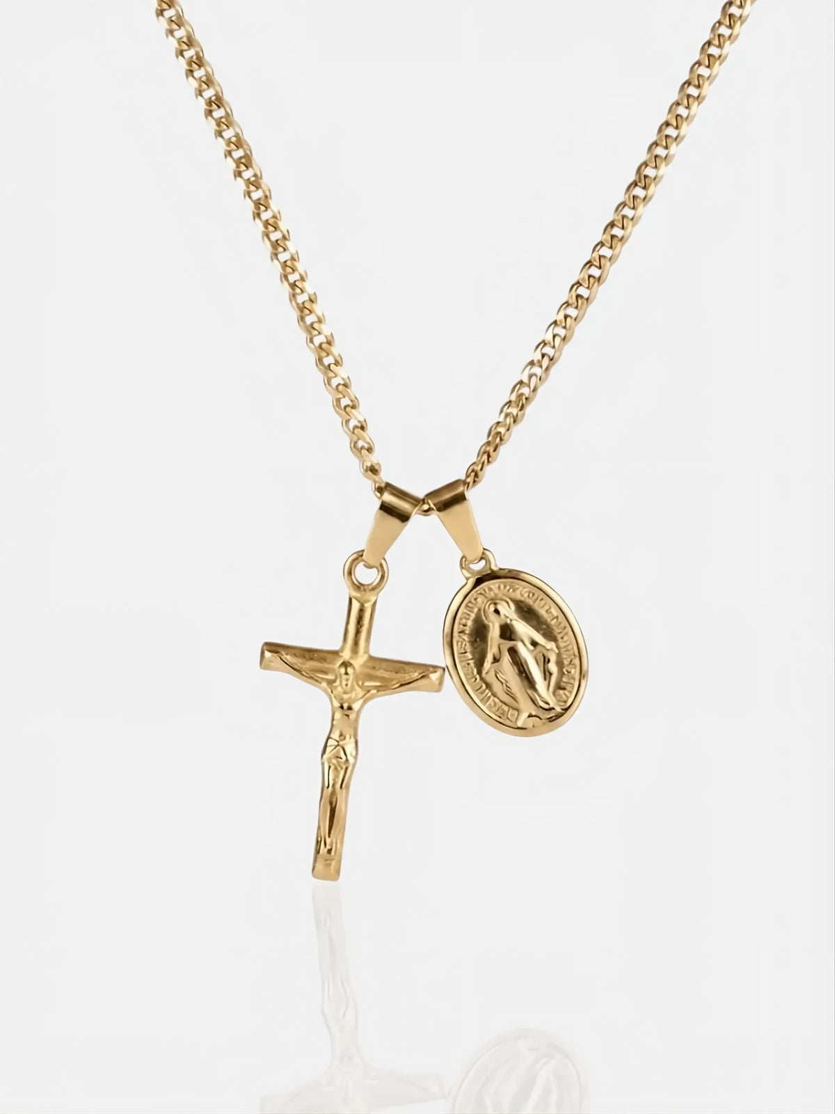Jesus & Mary Cross Necklace - Gold