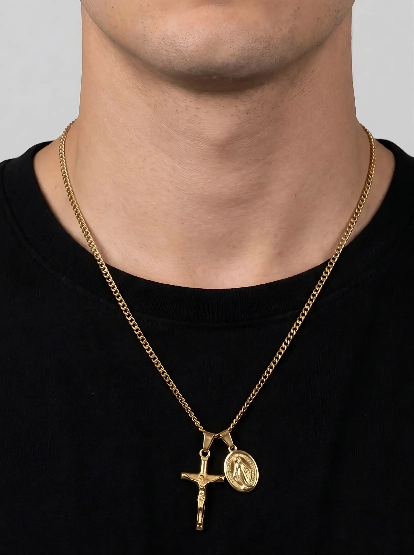 Jesus & Mary Cross Necklace - Gold