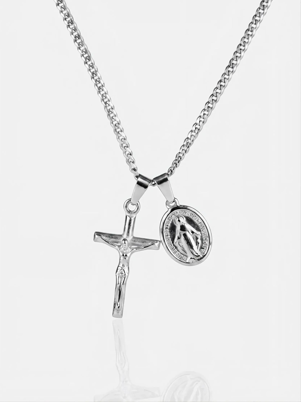 Jesus & Mary Cross Necklace - Silver