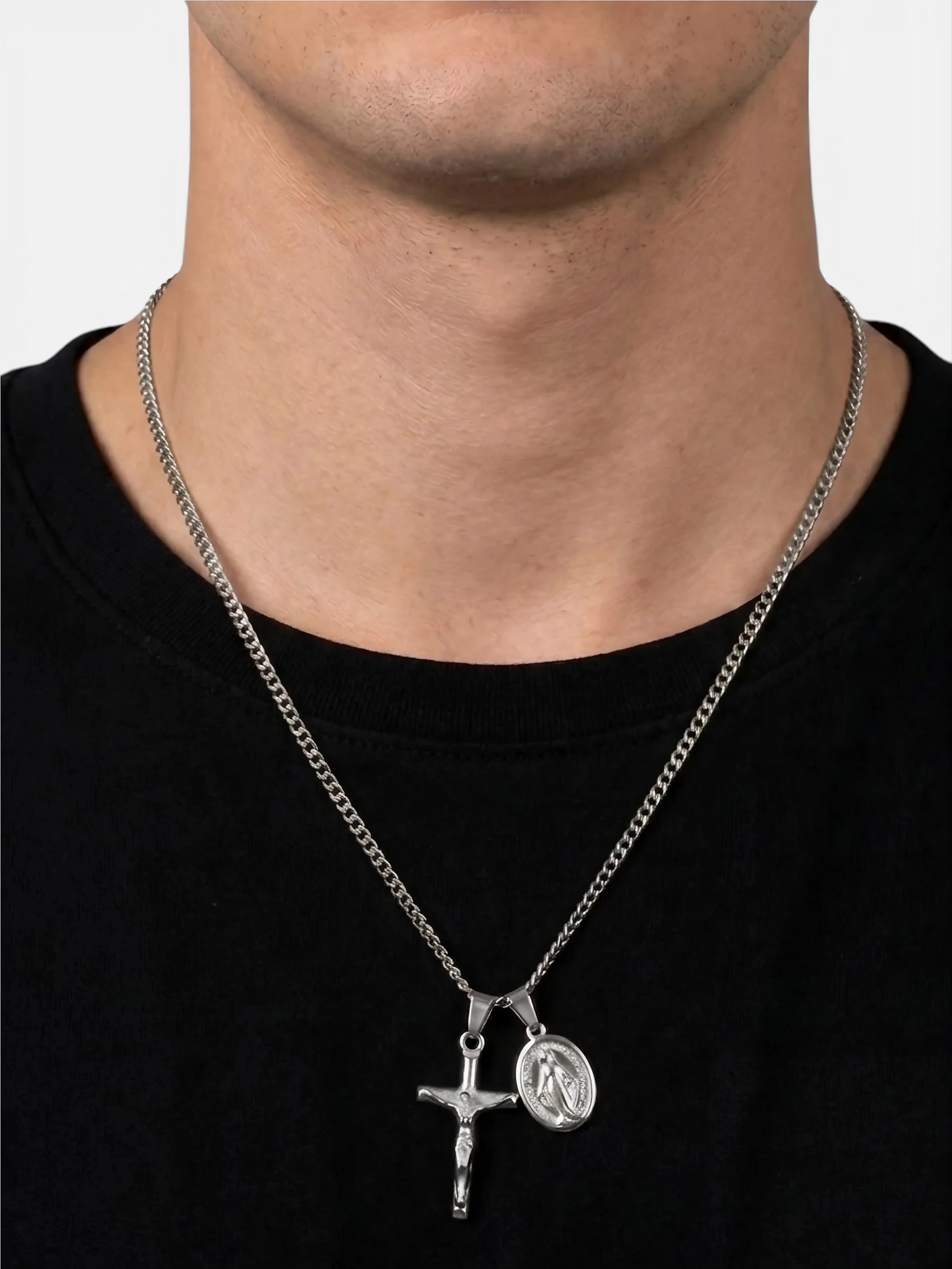 Jesus & Mary Cross Necklace - Silver